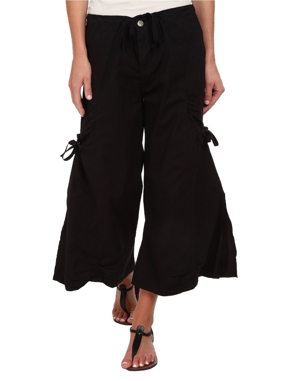 XCVI Black Cargo Gaucho Crop Pants w/ Tie Detail & Pockets + Slits on Sides